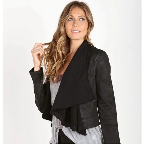 Free People Coated Denim Drape Front Moto Jacket Black Waterfall Collar XS 0 - Picture 5 of 14